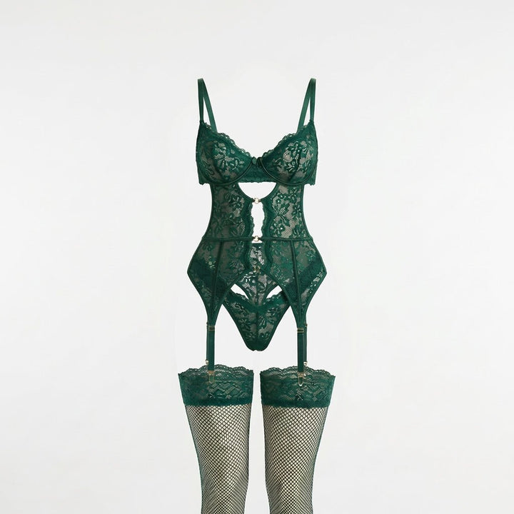 Women's Underwire Lace Garter Belt Lingerie Set - Green