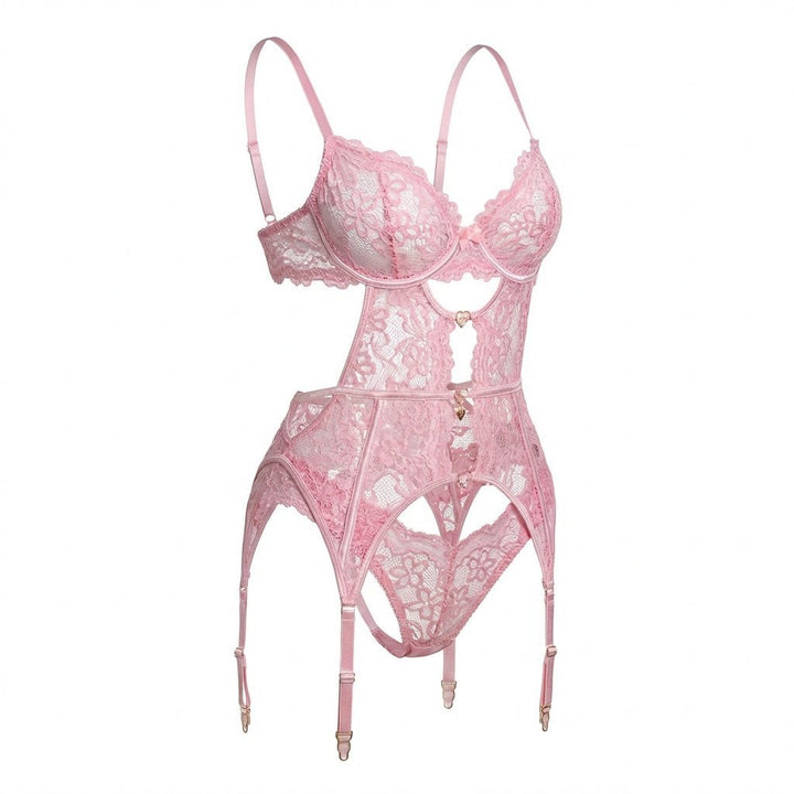 Women's Underwire Lace Garter Belt Lingerie Set - Pink