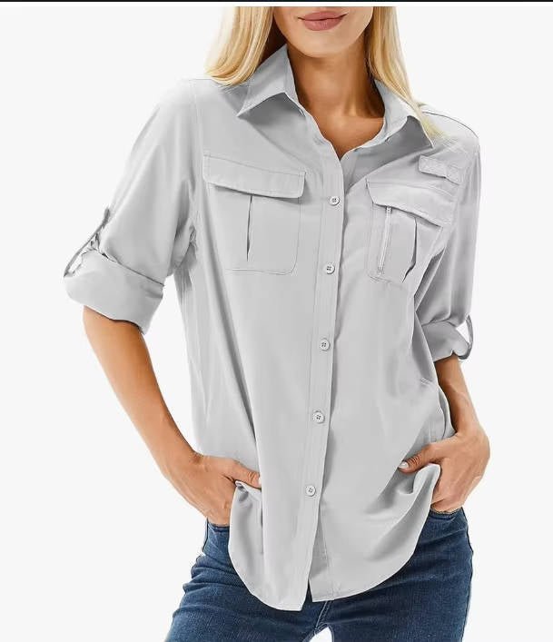 Women's UPF 50 Long-Sleeve Roll-Up Hiking Shirt - Light Gray