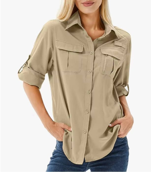 Women's UPF 50 Long-Sleeve Roll-Up Hiking Shirt - Mud Yellow