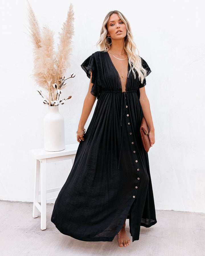 Women's V-Neck Button-Front Flutter-Sleeve Maxi Dress - Black