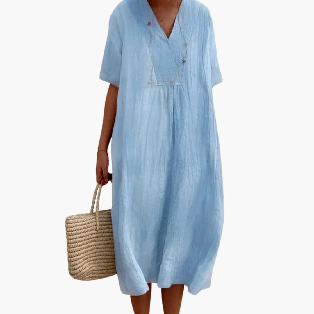 Women's V-Neck Button Relaxed Linen Midi Dress - Blue