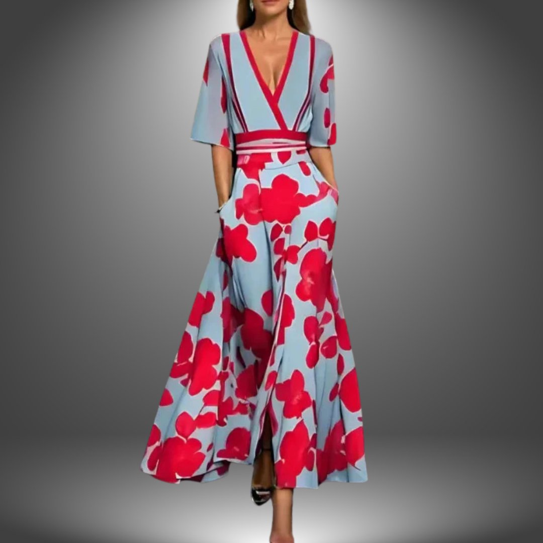 Women's V-Neck Floral Print Maxi Dress - Red