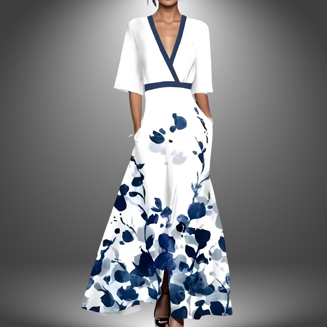 Women's V-Neck Floral Print Maxi Dress - White