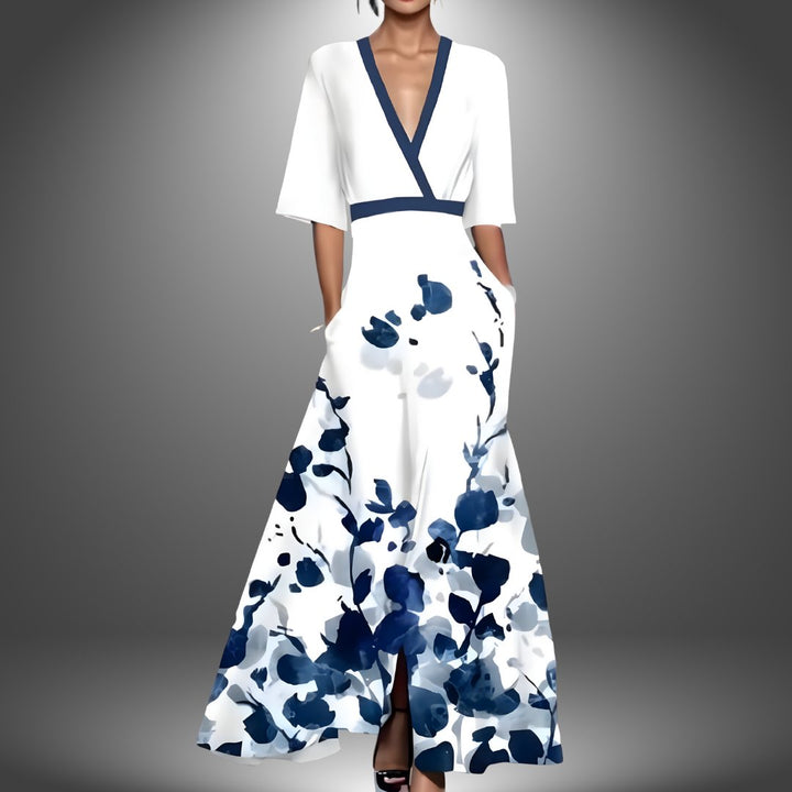 Women's V-Neck Floral Print Maxi Dress - White
