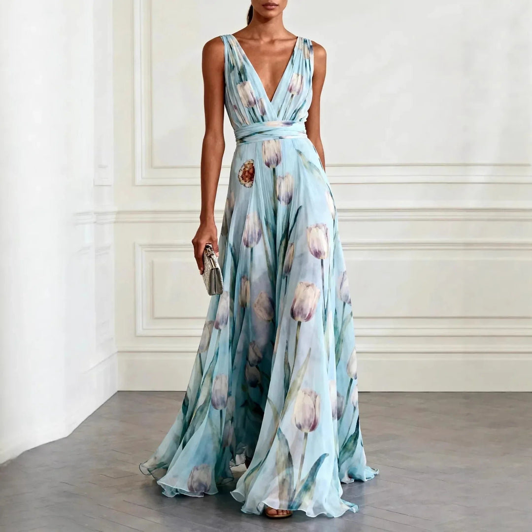 Women's V-Neck Floral Tulip Print Chiffon Maxi Dress - Sky Blue
