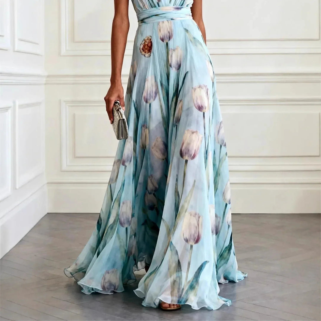 Women's V-Neck Floral Tulip Print Chiffon Maxi Dress