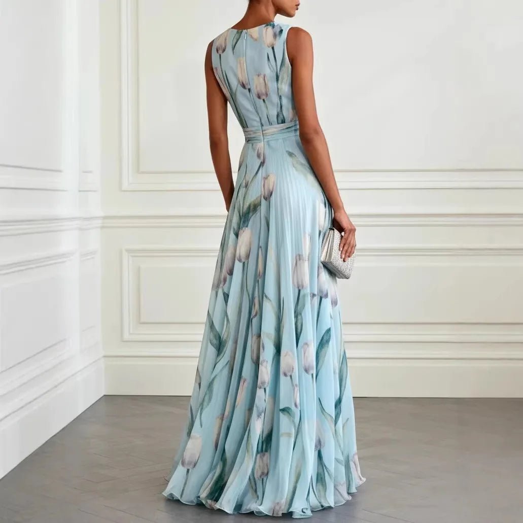 Women's V-Neck Floral Tulip Print Chiffon Maxi Dress