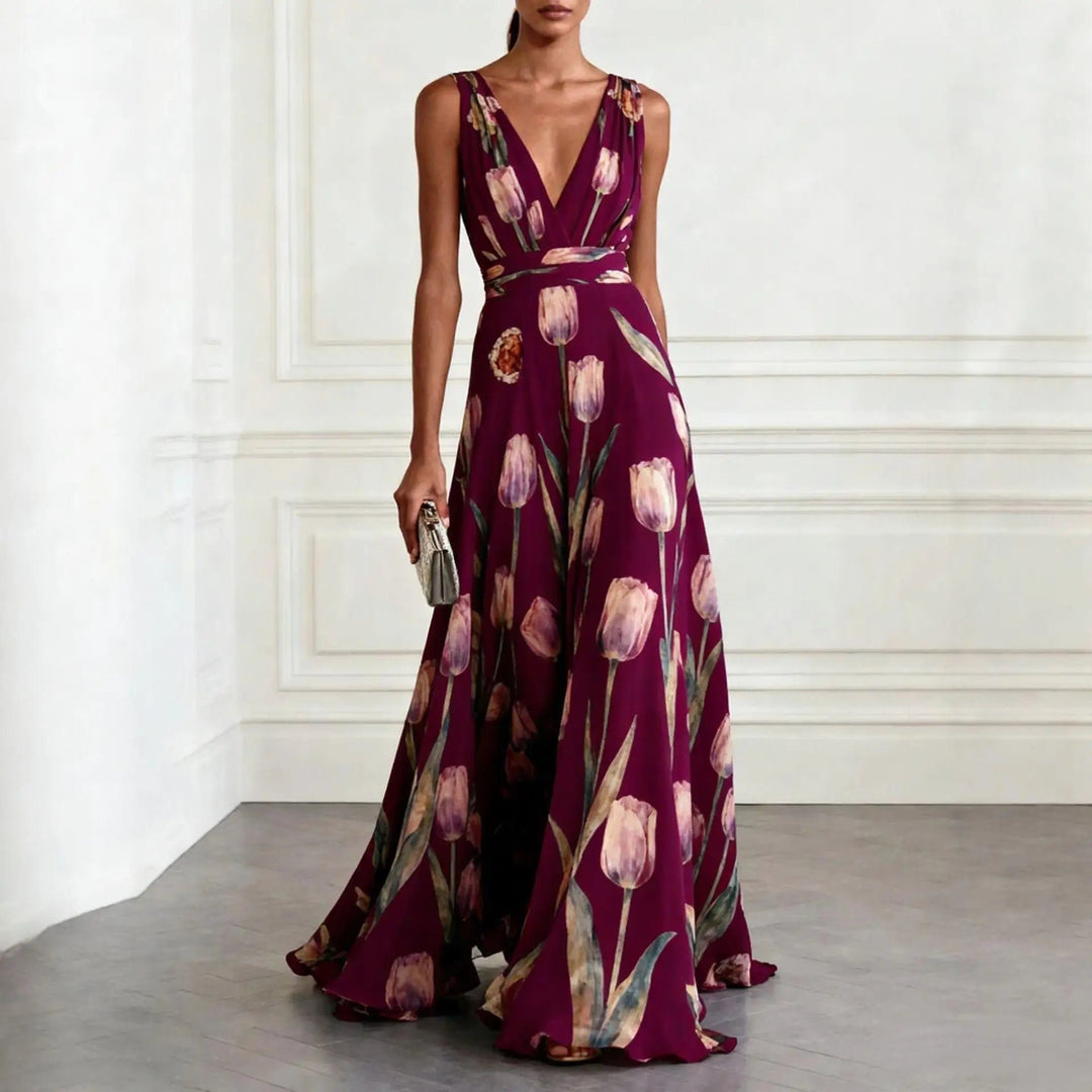 Women's V-Neck Floral Tulip Print Chiffon Maxi Dress - Burgundy