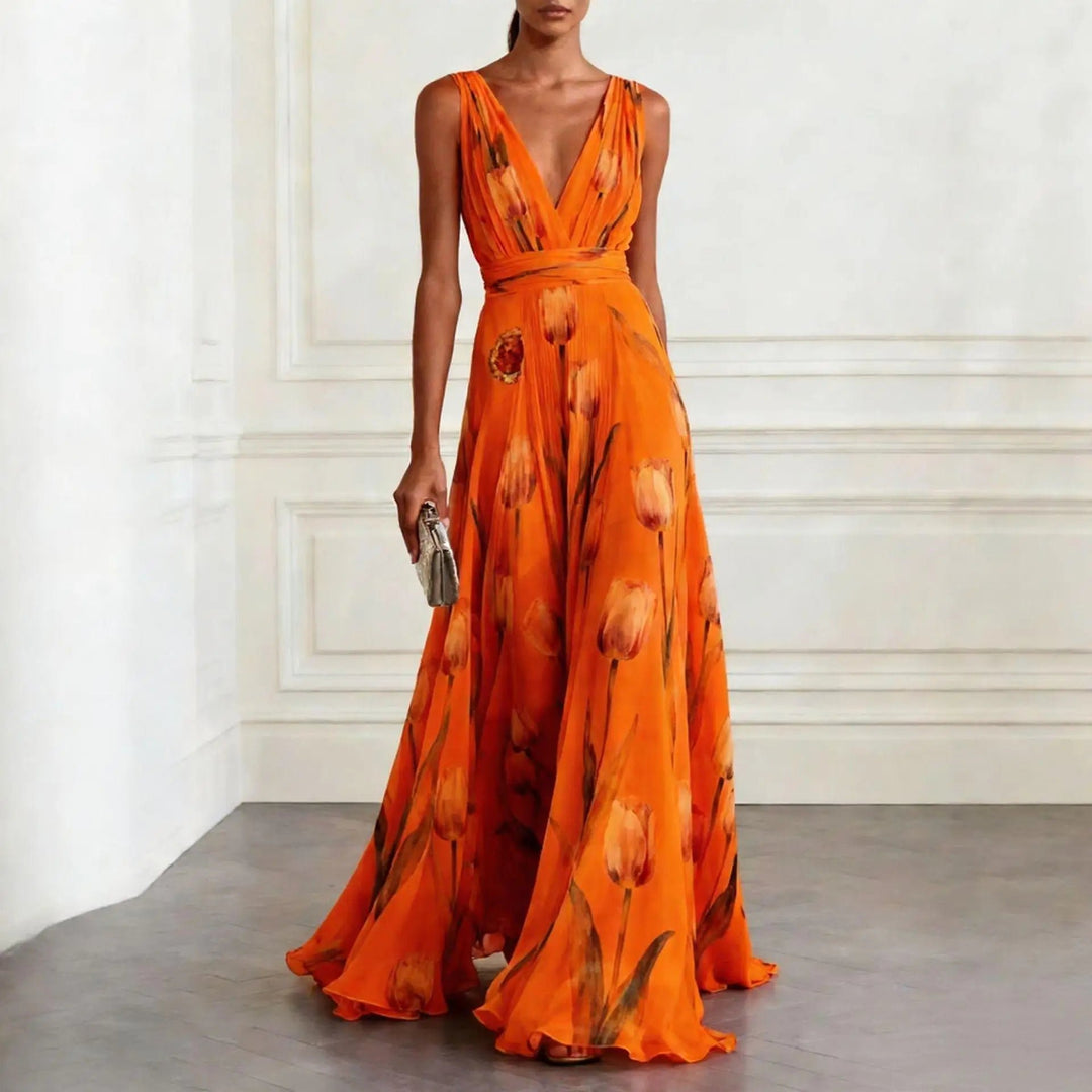 Women's V-Neck Floral Tulip Print Chiffon Maxi Dress - Orange