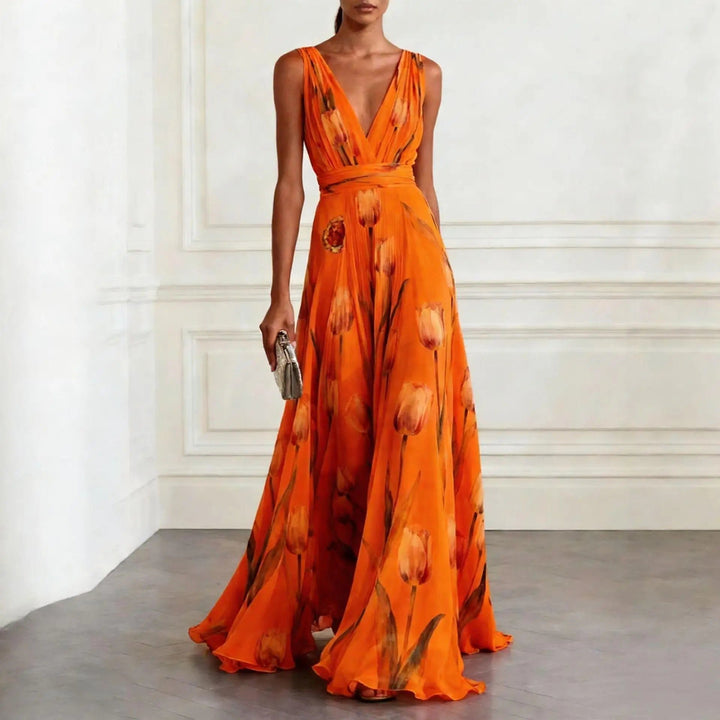 Women's V-Neck Floral Tulip Print Chiffon Maxi Dress - Orange