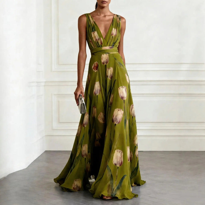 Women's V-Neck Floral Tulip Print Chiffon Maxi Dress - Green