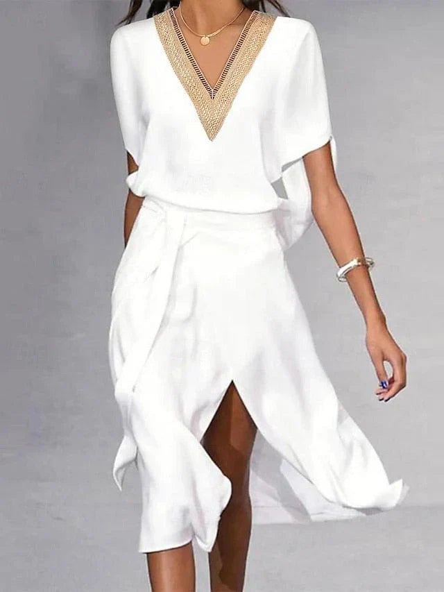 Women's V-Neck Gold Trim Wrap Midi Dress Short Sleeves