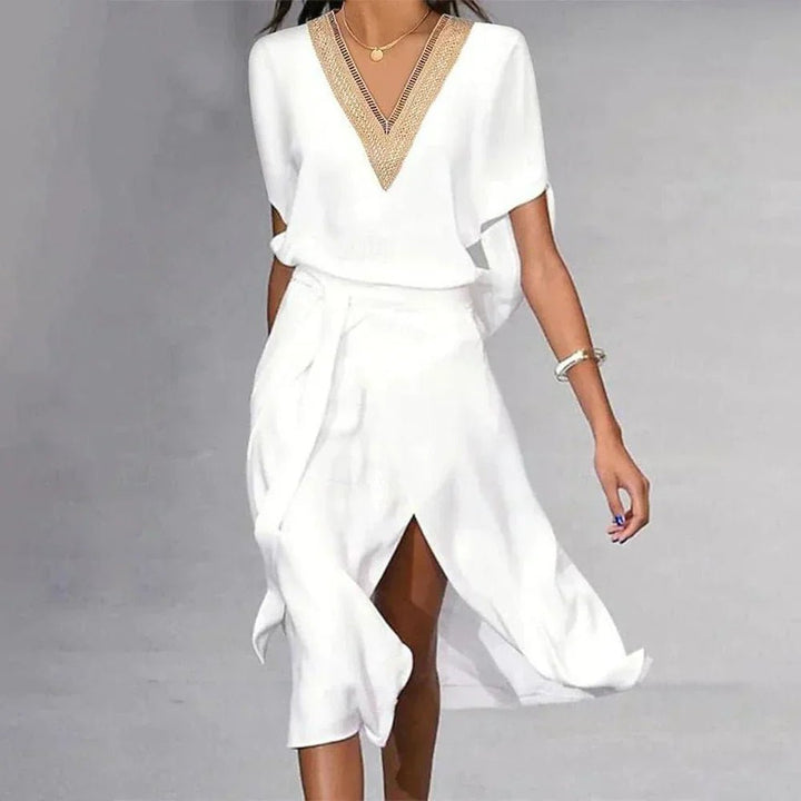 Women's V-Neck Gold Trim Wrap Midi Dress Short Sleeves - White