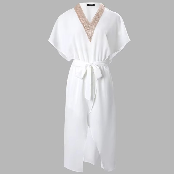 Women's V-Neck Gold Trim Wrap Midi Dress Short Sleeves