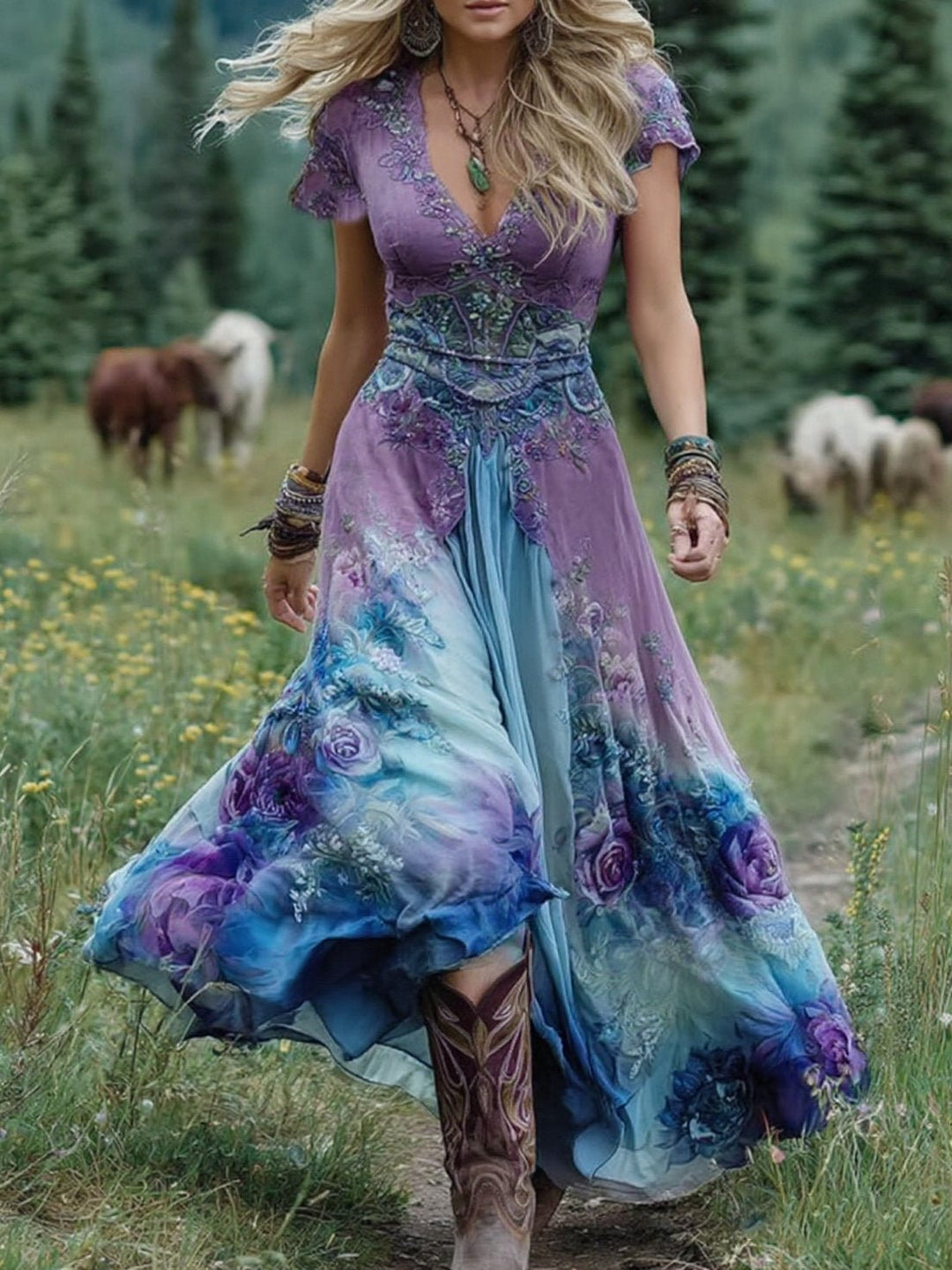 Women's V-Neck Short-Sleeve Floral Maxi Dress - Purple