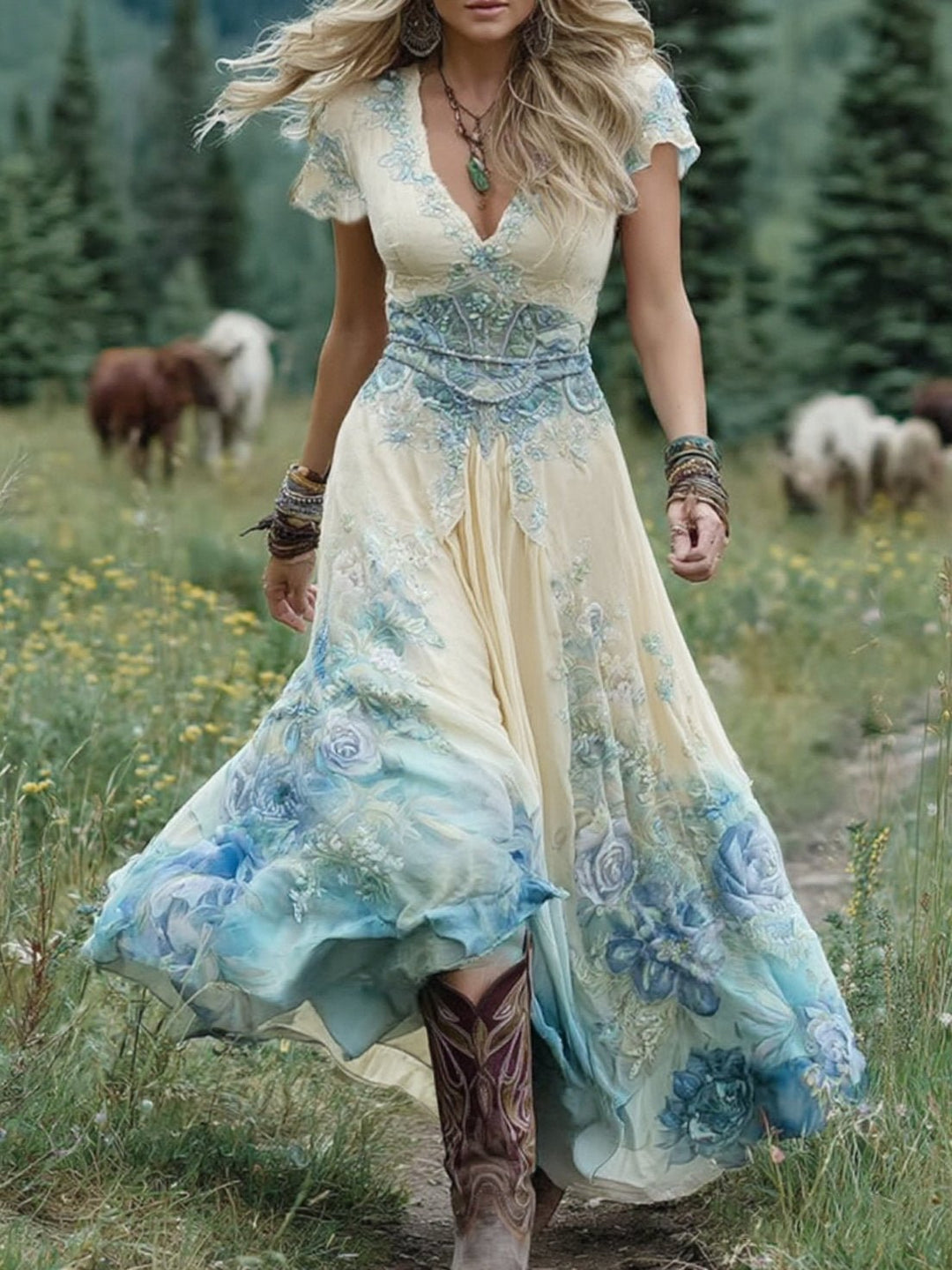 Women's V-Neck Short-Sleeve Floral Maxi Dress - Blue