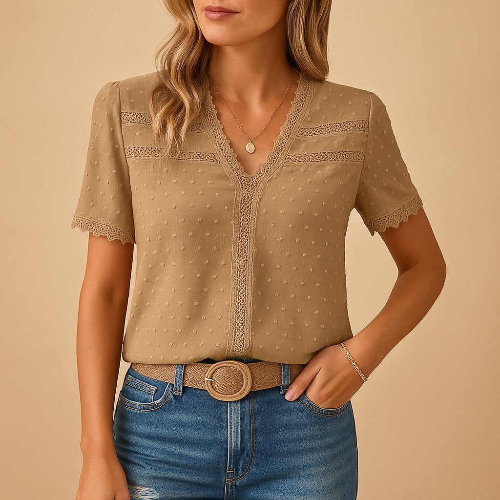 Women's V-Neck Short-Sleeve Lace-Trim Textured Blouse - Khaki