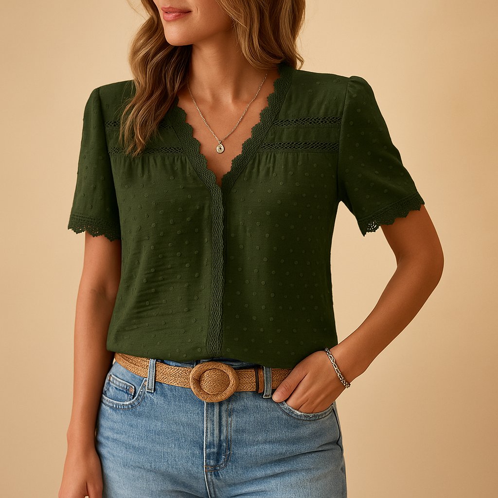 Women's V-Neck Short-Sleeve Lace-Trim Textured Blouse - Army Green