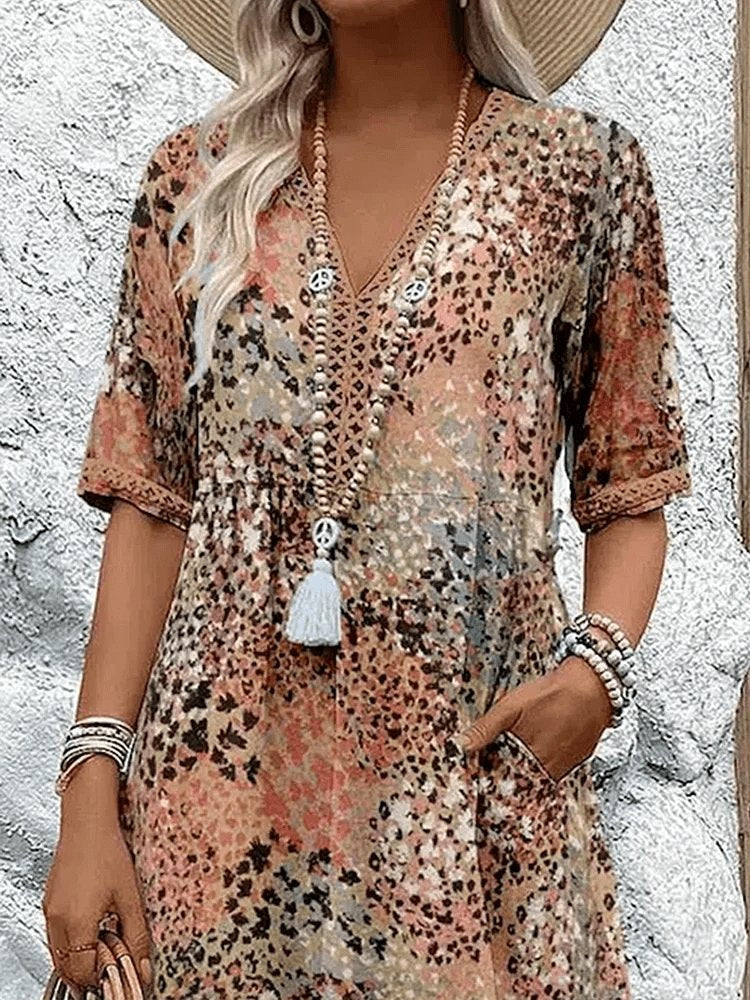 Women's V-Neck Short-Sleeve Leopard Print Midi Dress