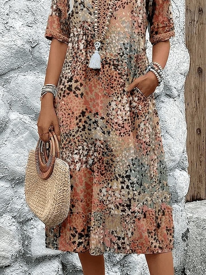 Women's V-Neck Short-Sleeve Leopard Print Midi Dress