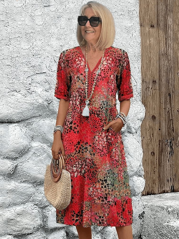 Women's V-Neck Short-Sleeve Leopard Print Midi Dress - Scarlet Red