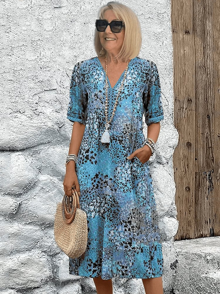 Women's V-Neck Short-Sleeve Leopard Print Midi Dress - Ocean Blue