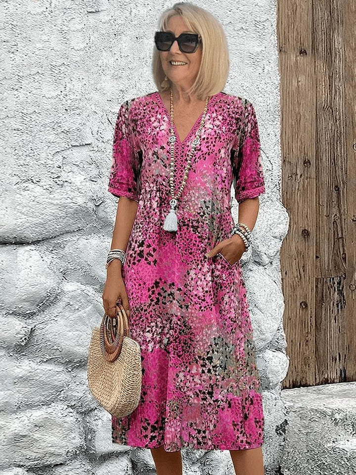 Women's V-Neck Short-Sleeve Leopard Print Midi Dress - Blush Pink