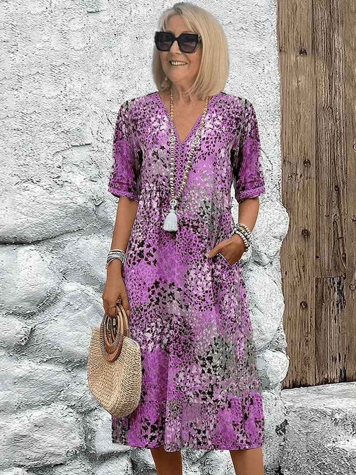 Women's V-Neck Short-Sleeve Leopard Print Midi Dress - Lavender Purple