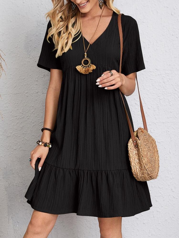 Women's V-Neck Short-Sleeve Smocked Babydoll Swing Dress - Black