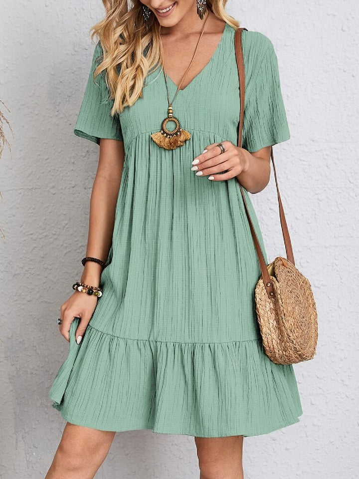 Women's V-Neck Short-Sleeve Smocked Babydoll Swing Dress - Light Green
