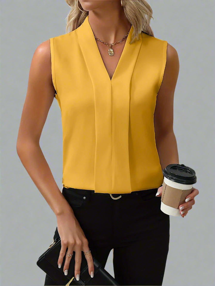 Women's V-Neck Sleeveless Pleated Front Blouse Top - Yellow