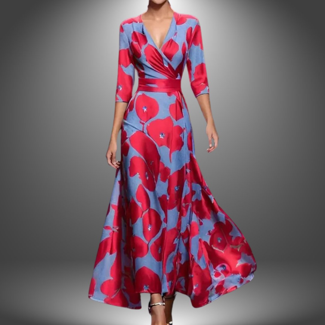 Women's V-Neck Three-Quarter Sleeve Floral Boho Maxi Dress - Red