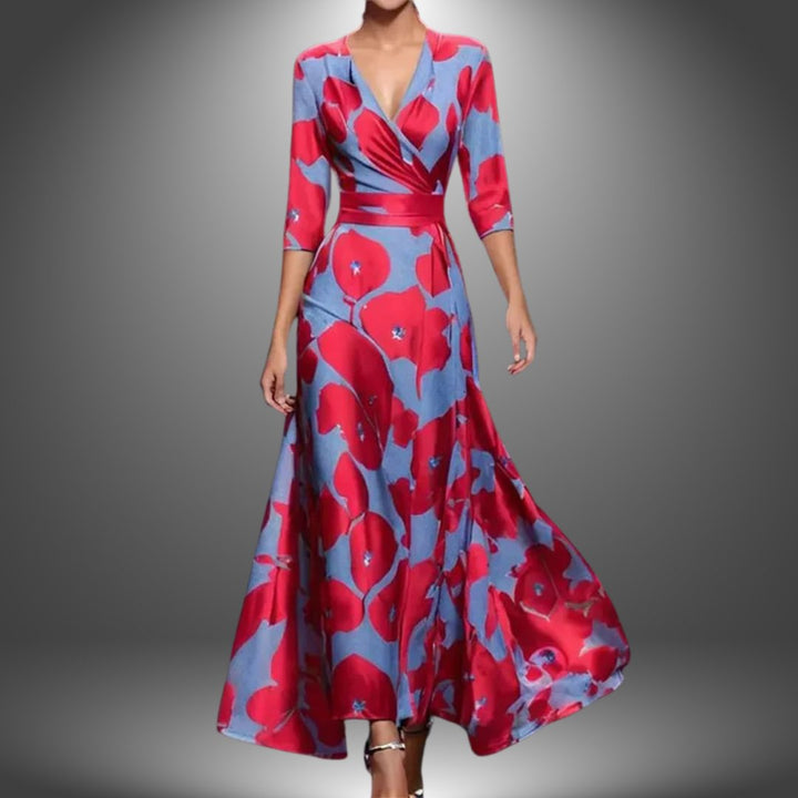 Women's V-Neck Three-Quarter Sleeve Floral Boho Maxi Dress - Red