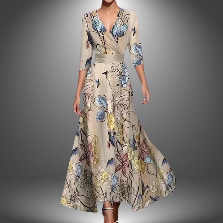 Women's V-Neck Three-Quarter Sleeve Floral Boho Maxi Dress - Champagne