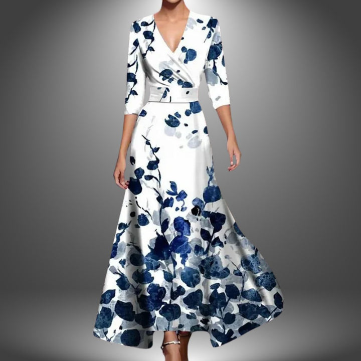 Women's V-Neck Three-Quarter Sleeve Floral Boho Maxi Dress - White