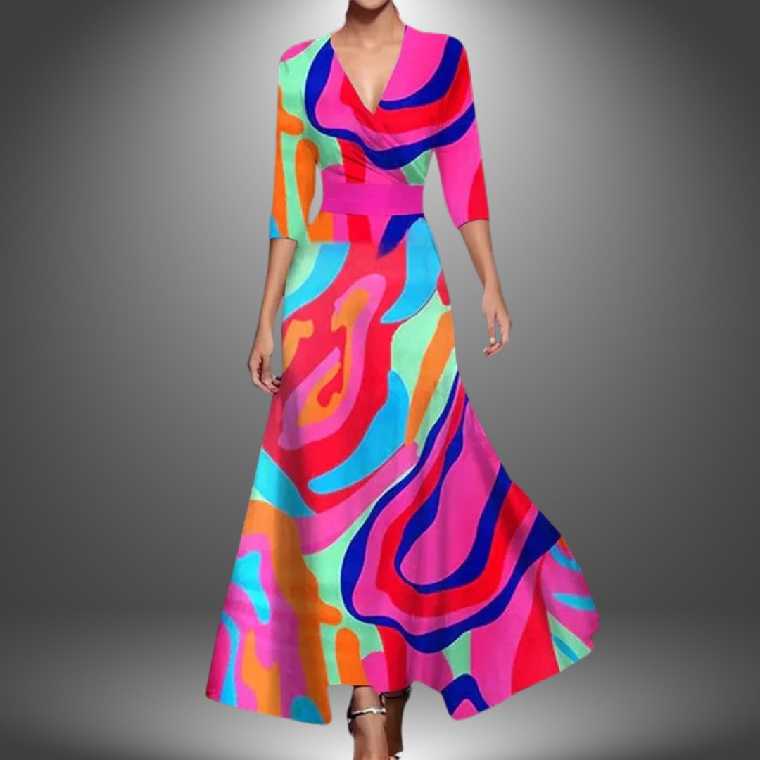Women's V-Neck Three-Quarter Sleeve Floral Boho Maxi Dress - Pink