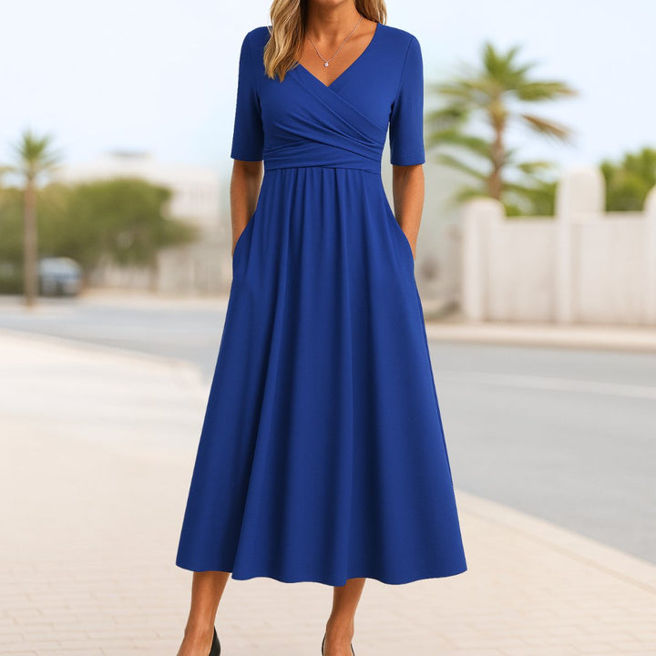 Women's V-Neck Wrap-Front A-Line Midi Dress - Navy Blue