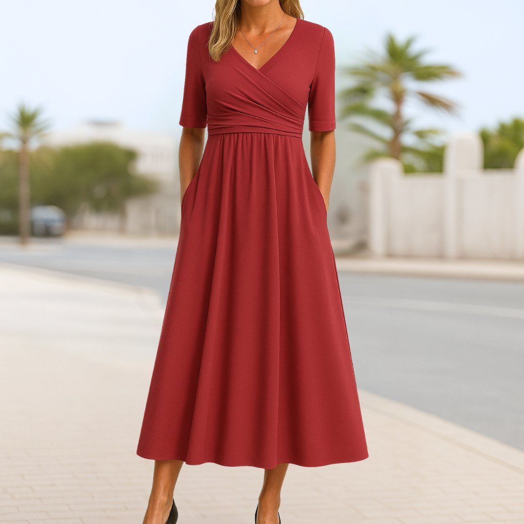 Women's V-Neck Wrap-Front A-Line Midi Dress - Red