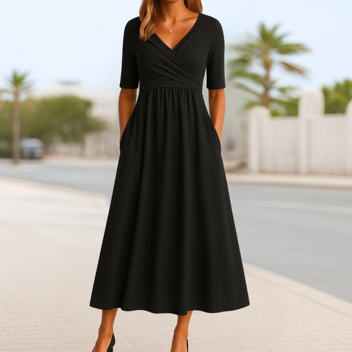 Women's V-Neck Wrap-Front A-Line Midi Dress - Black