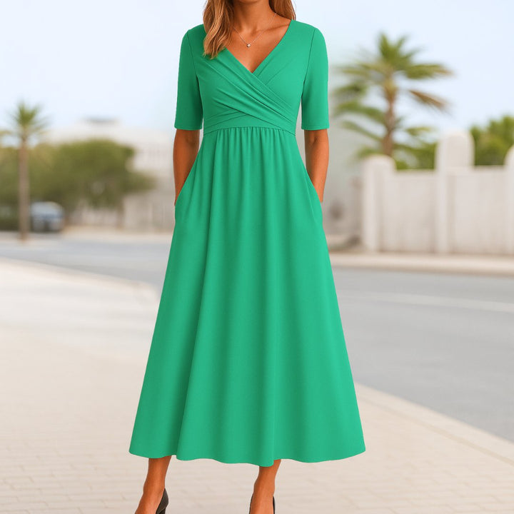 Women's V-Neck Wrap-Front A-Line Midi Dress - Green