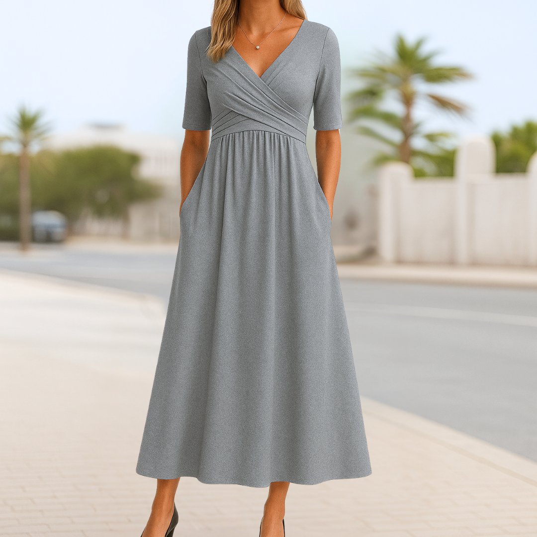 Women's V-Neck Wrap-Front A-Line Midi Dress - Gray