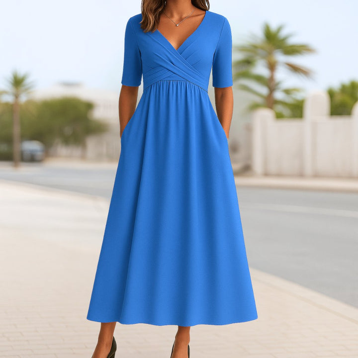 Women's V-Neck Wrap-Front A-Line Midi Dress - Light Blue