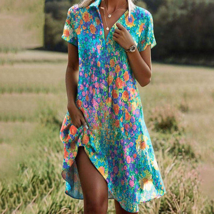 Women's Vibrant Floral Short-Sleeve Summer Dress - Veelkleurig