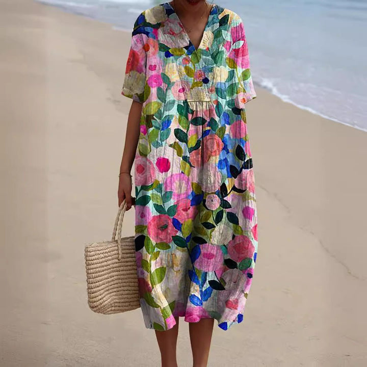 Women's Vibrant Floral V-Neck Midi Summer Dress - Bloemen