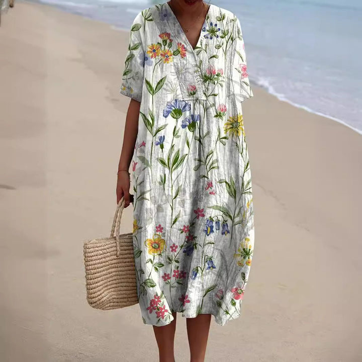 Women's Vibrant Floral V-Neck Midi Summer Dress - Wit