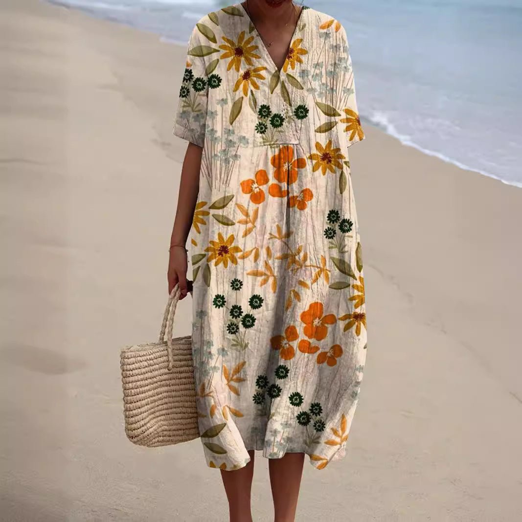 Women's Vibrant Floral V-Neck Midi Summer Dress - Beige