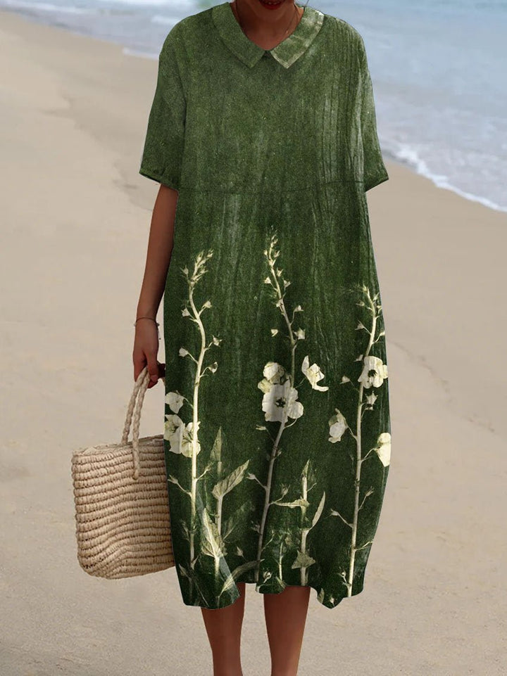 Women's Vibrant Floral V-Neck Midi Summer Dress - Groente