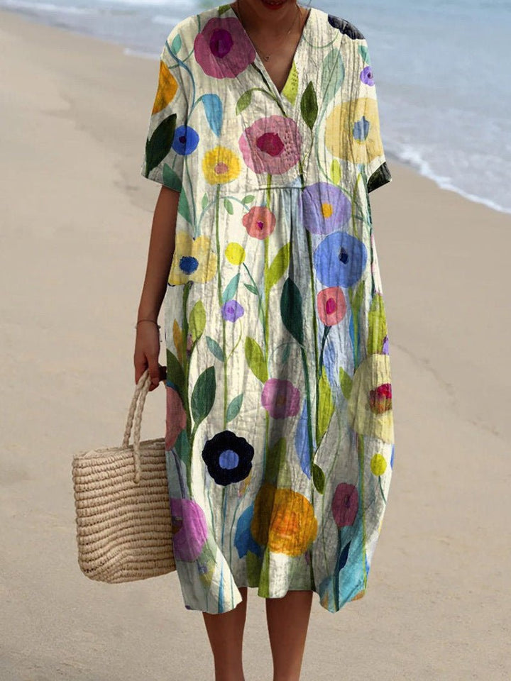 Women's Vibrant Floral V-Neck Midi Summer Dress - Veel gebloemd