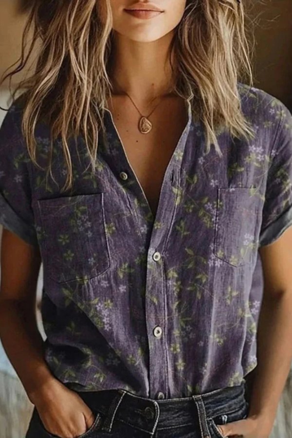 Women's Vintage Floral Cotton Button-Down Short Sleeve Blouse